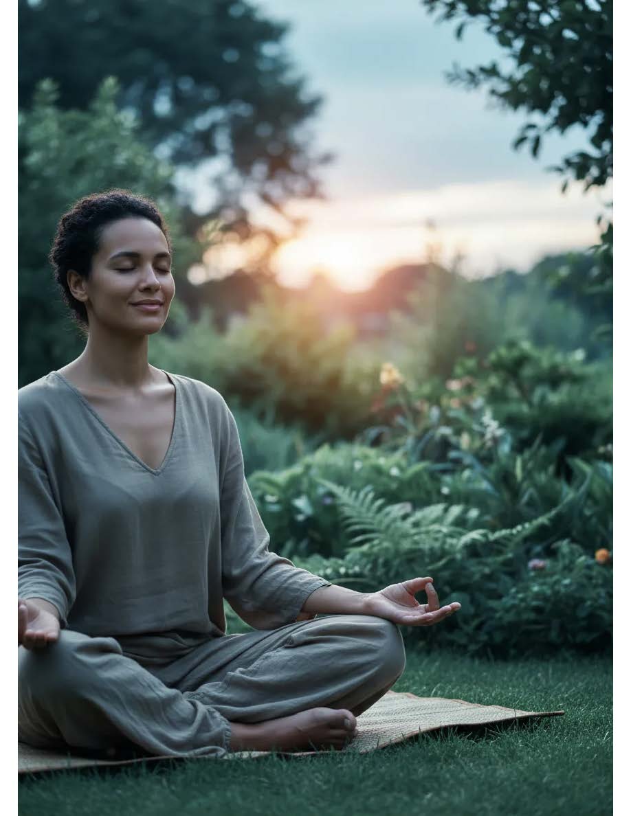 Mujer meditando en un jardín tranquilo