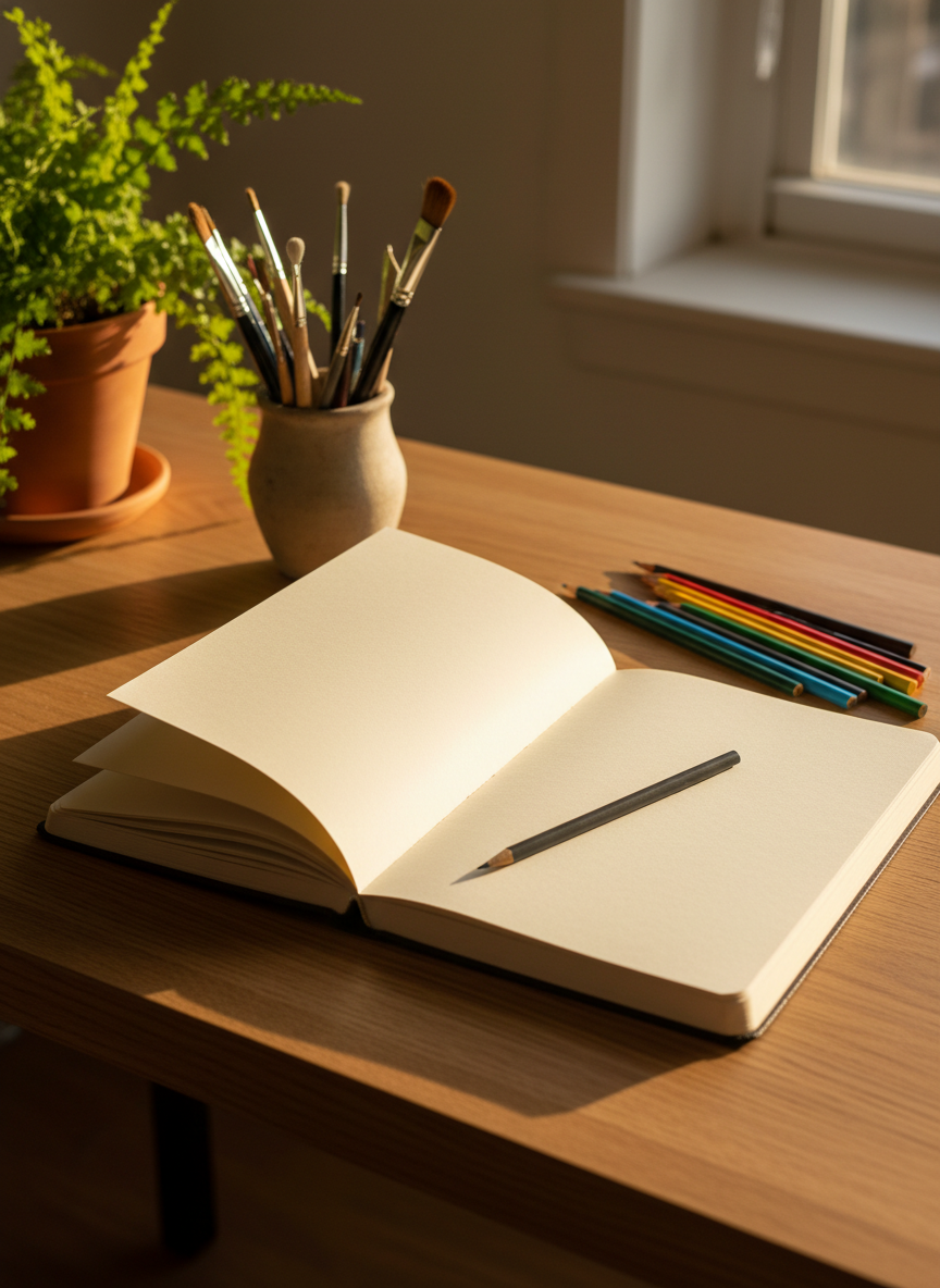 An open blank journal with thick, off-white pages lies on a natural oak desk, a finely sharpened graphite pencil resting diagonally across the center fold. Nearby, several colored pencils are scattered, their tips pointing toward the journal, symbolizing creativity and reflection. A small clay cup holds brushes and tools, while a leafy plant in a terracotta pot softens the edge of the composition. Late afternoon sunlight from an unseen window washes across the desk, creating warm highlights on the paper and soft shadows along the grain of the wood. Photographed from a slightly elevated angle, with moderate depth of field, the image feels calm, inviting, and thoughtfully composed, suggesting mindful creative practice and personal growth.