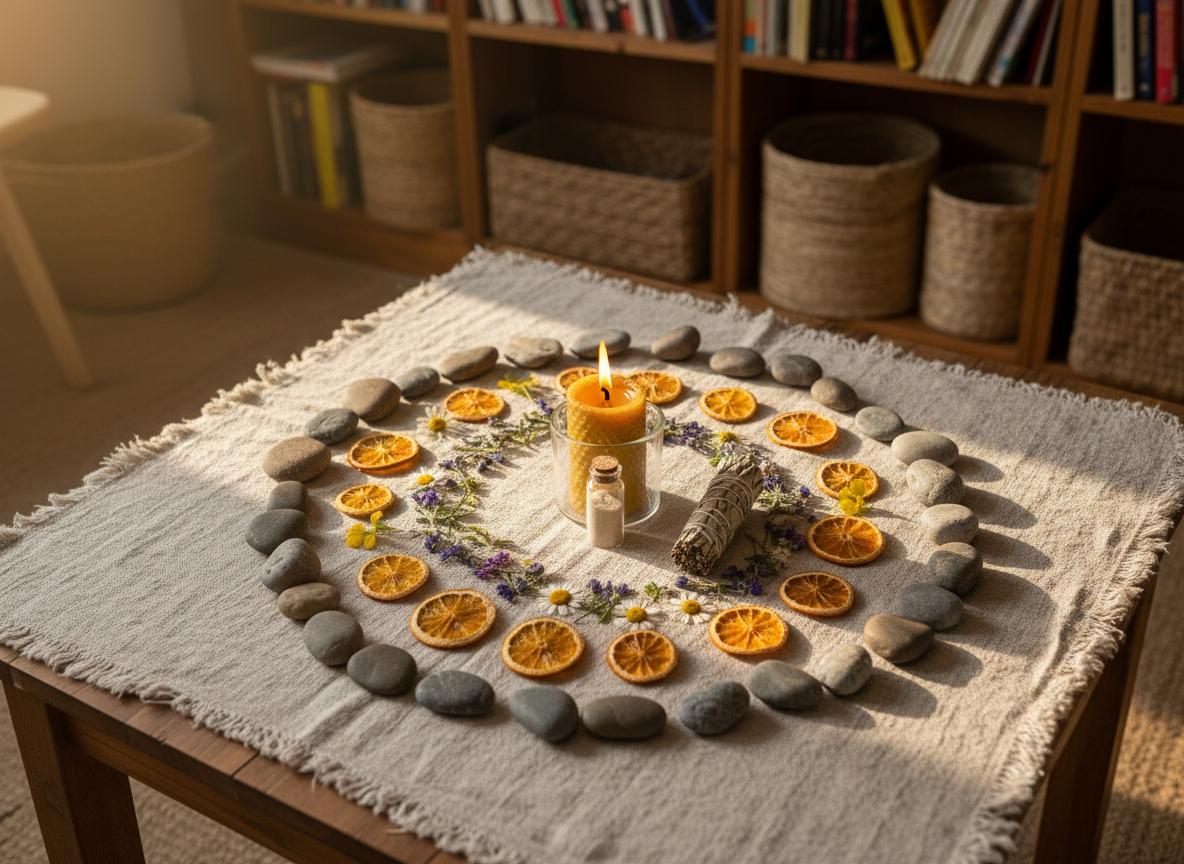 A circular arrangement of different natural objects lies on a textured linen cloth: smooth river stones, dried orange slices, pressed wildflowers, a small bundle of sage, and a tiny glass vial of sand. In the center of this mandala-like layout, a lit beeswax candle in a simple glass holder glows softly. The scene is set on a low table in front of a blurred background of bookshelves and woven baskets, hinting at a community space devoted to mindfulness and creativity. Gentle golden-hour sunlight slants in from the left, creating warm highlights and soft, overlapping shadows that emphasize depth. Captured from a top-down, bird’s-eye perspective with sharp focus throughout, the photographic image feels sacred, grounded, and quietly communal.