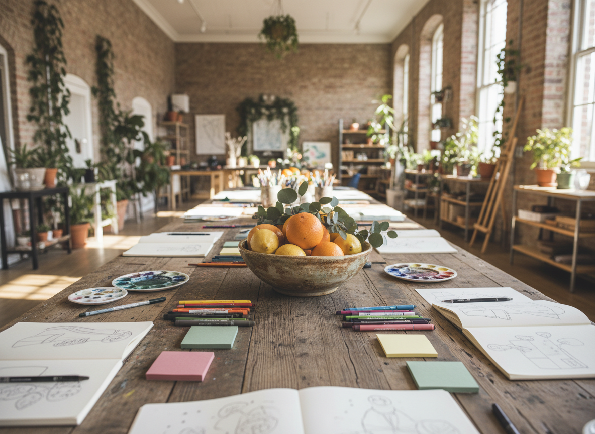 A long wooden community table made of reclaimed timber stretches into the distance, its surface scattered with open sketchbooks, watercolor palettes, colored markers, and neatly stacked sticky notes in muted tones. In the center, a large ceramic bowl filled with bright citrus fruits and a few sprigs of eucalyptus adds freshness and life. The setting is a high-ceilinged studio with exposed brick, large windows, and potted plants along the walls, all softly blurred to suggest an inclusive, creative gathering without showing people. Natural daylight pours in, creating a luminous, uplifting atmosphere. The photo is composed using the rule of thirds from a slightly elevated angle, with a moderate depth of field, evoking mindful collaboration and shared growth.