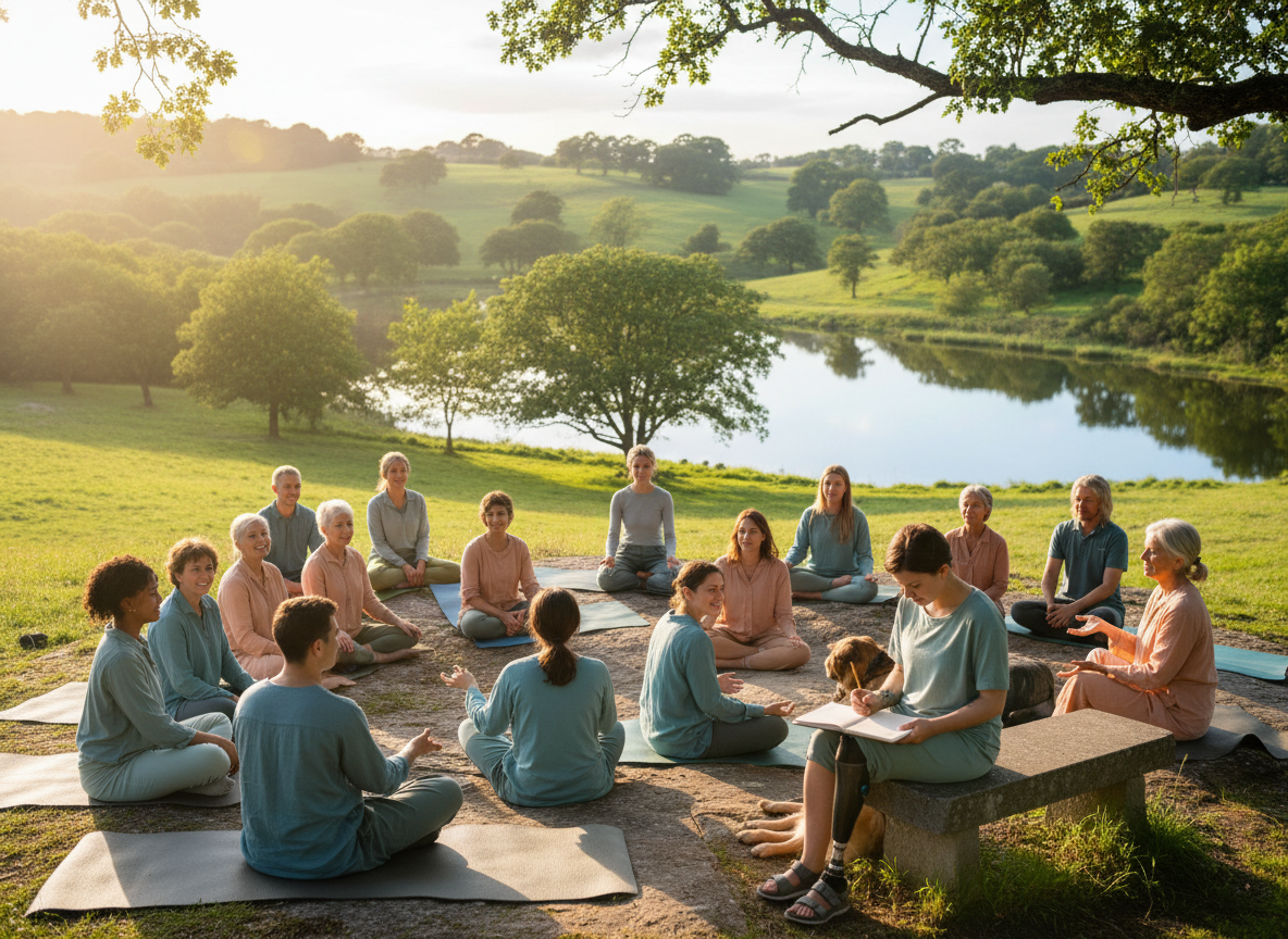 Diverse people gathered in a sunlit natural setting, meditating, in conversation, and sketching