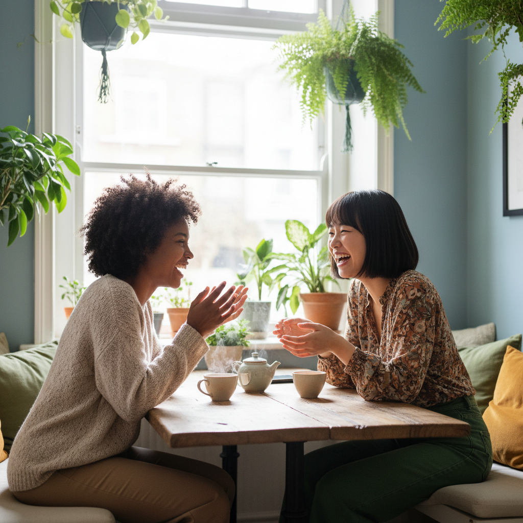 Two people talking warmly over tea in a calm, sunlit space
