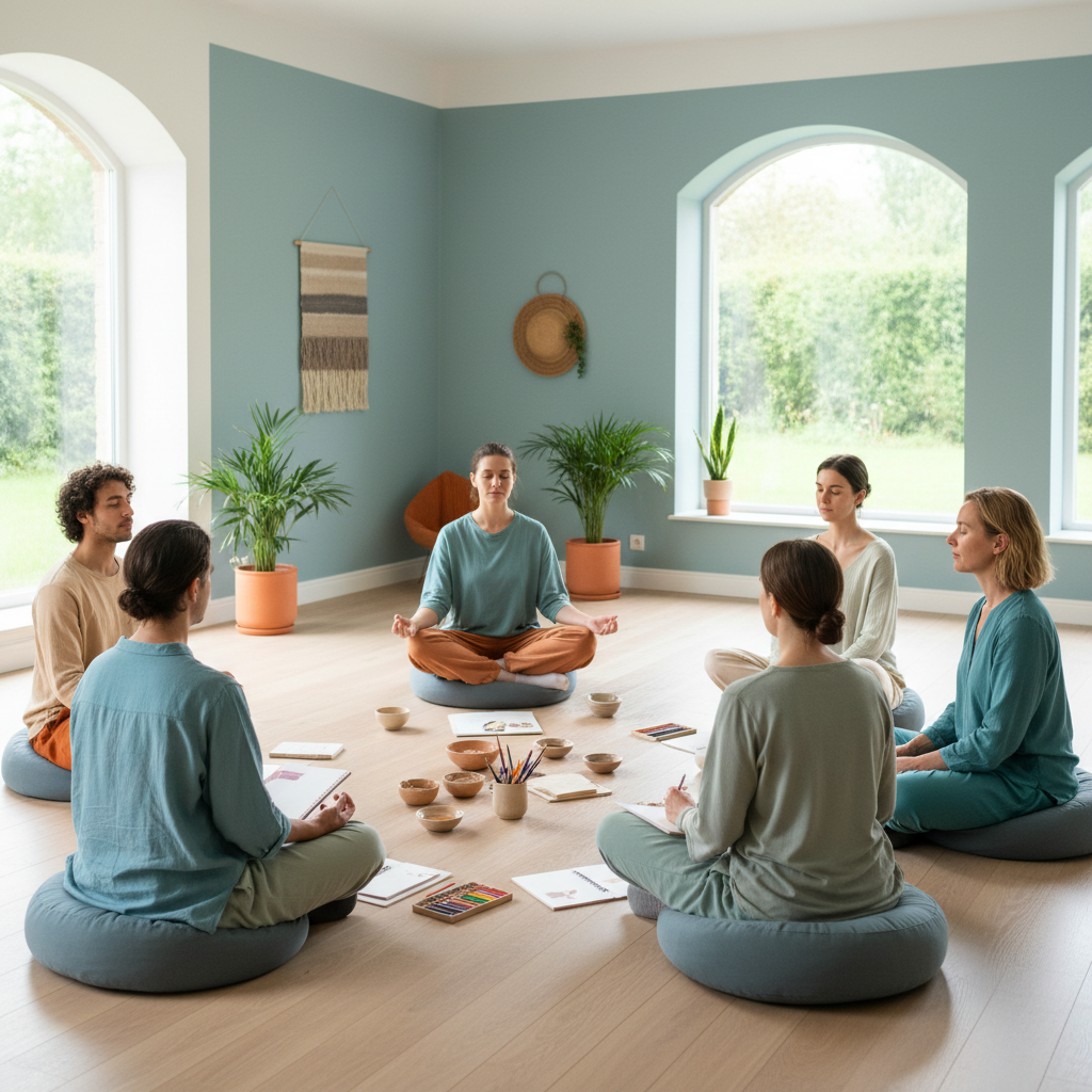 A small diverse group in a mindfulness workshop circle