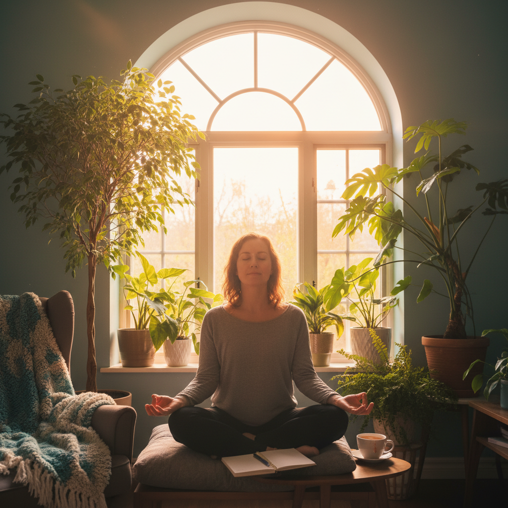A person journaling and meditating by a sunlit window