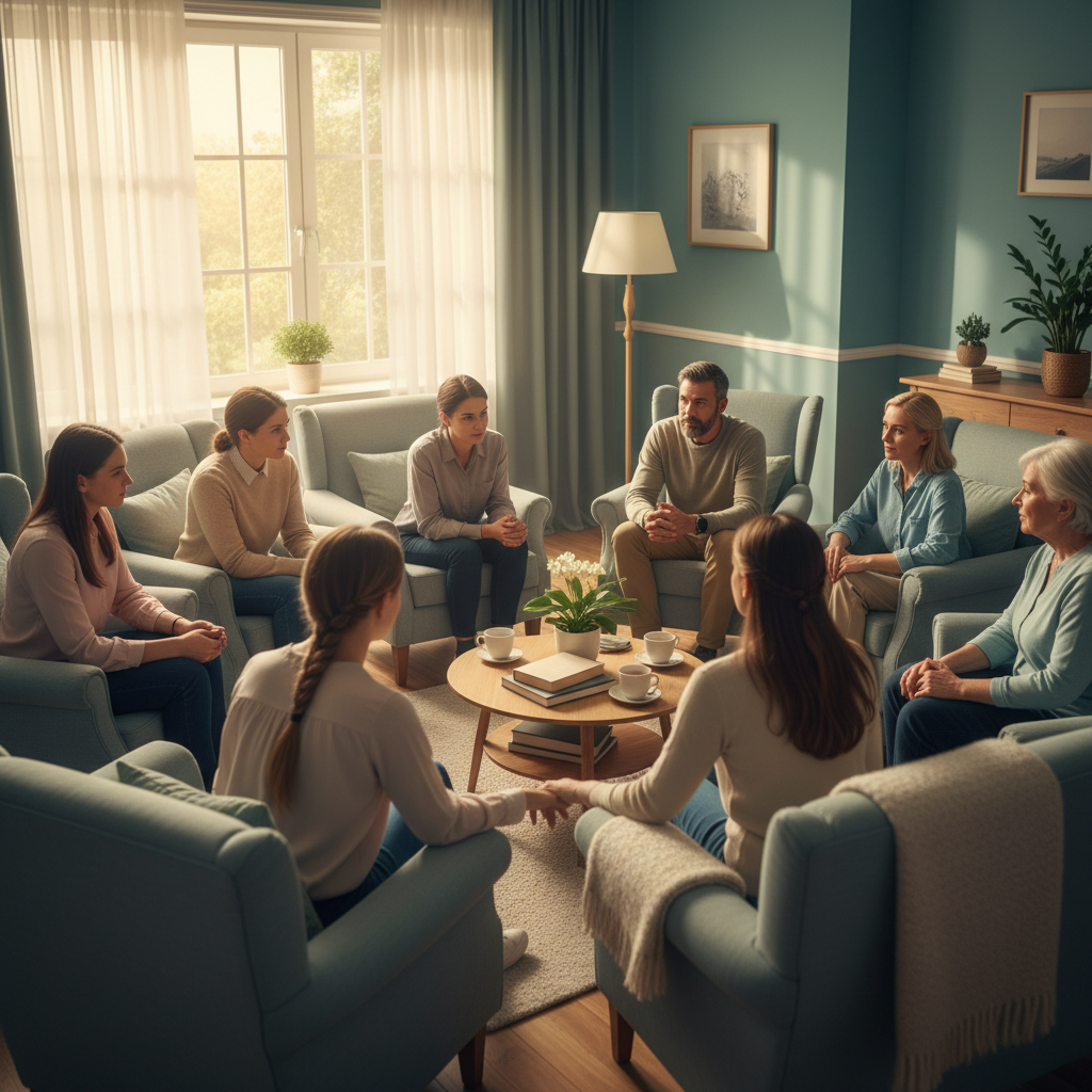 A compassionate support group seated together in a warm room