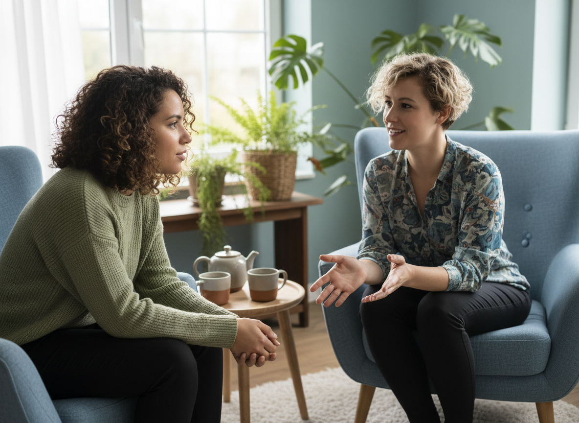 Dos mujeres diversas en conversación cálida junto a una ventana con luz natural y plantas.