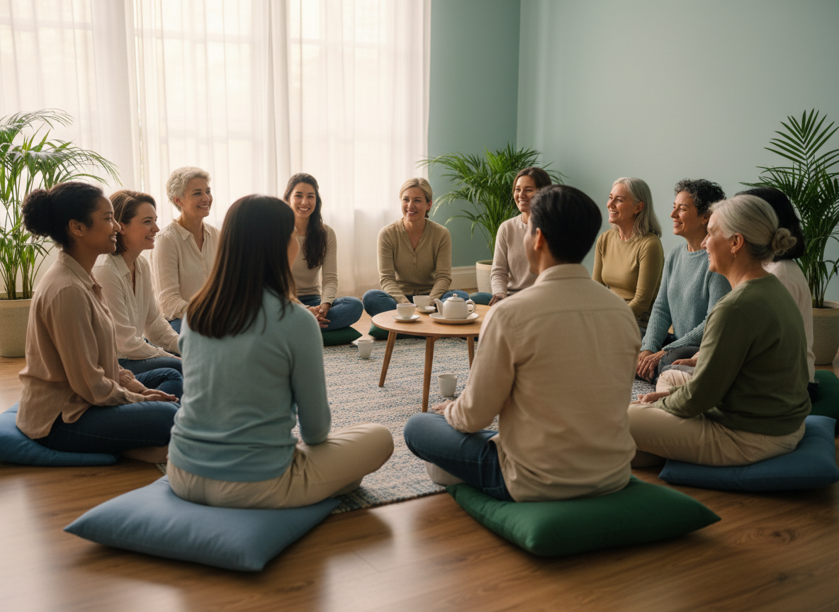 Grupo diverso de personas sentadas juntas en círculo en un espacio luminoso y tranquilo, conversando con calidez.