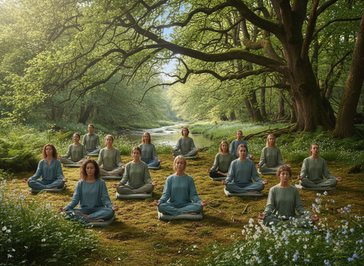 Personas de distintas edades practicando meditación sentada en un entorno natural.
