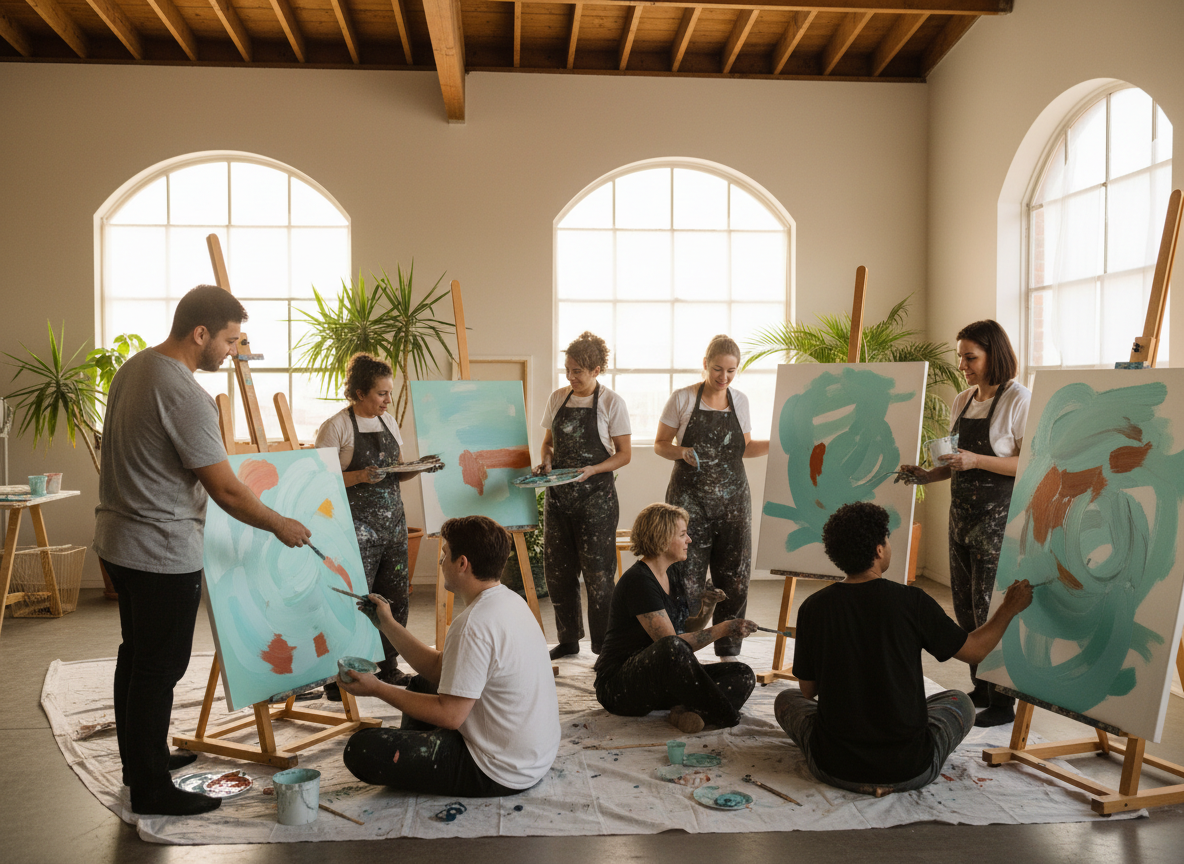 Personas diversas creando arte y pintando juntas en un estudio luminoso.
