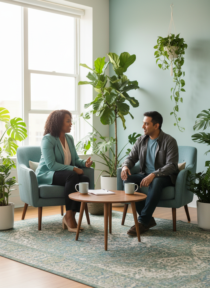 Conversación cálida de coaching entre dos personas en un espacio acogedor con plantas.