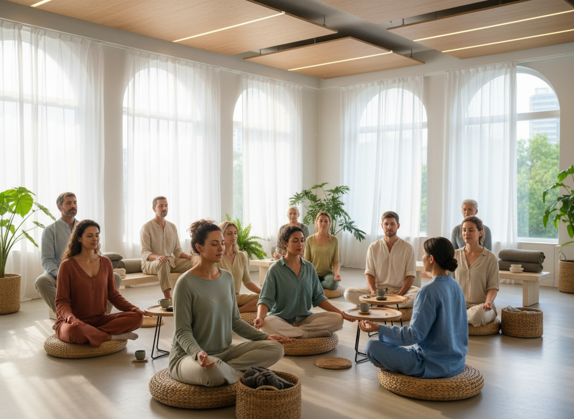 Grupo diverso de personas adultas en una sesión de formación en mindfulness en un estudio luminoso.