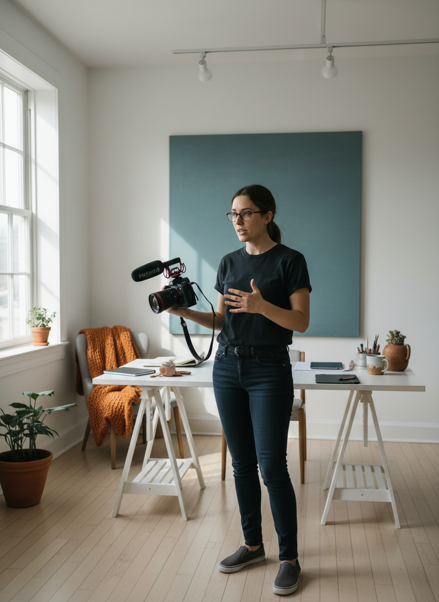 A person filming and recording in a bright creative studio, storytelling in progress