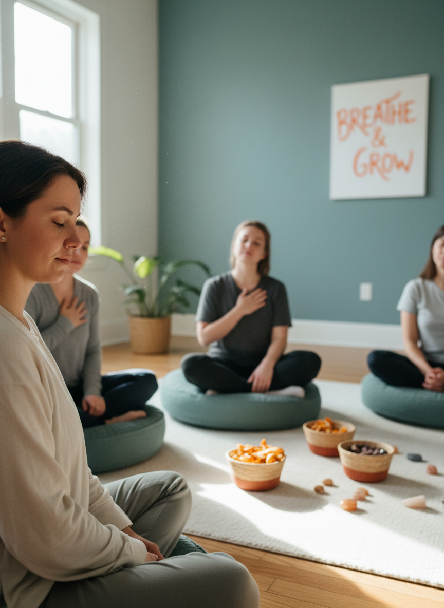 A person listening thoughtfully during an experiential mindfulness and personal growth session