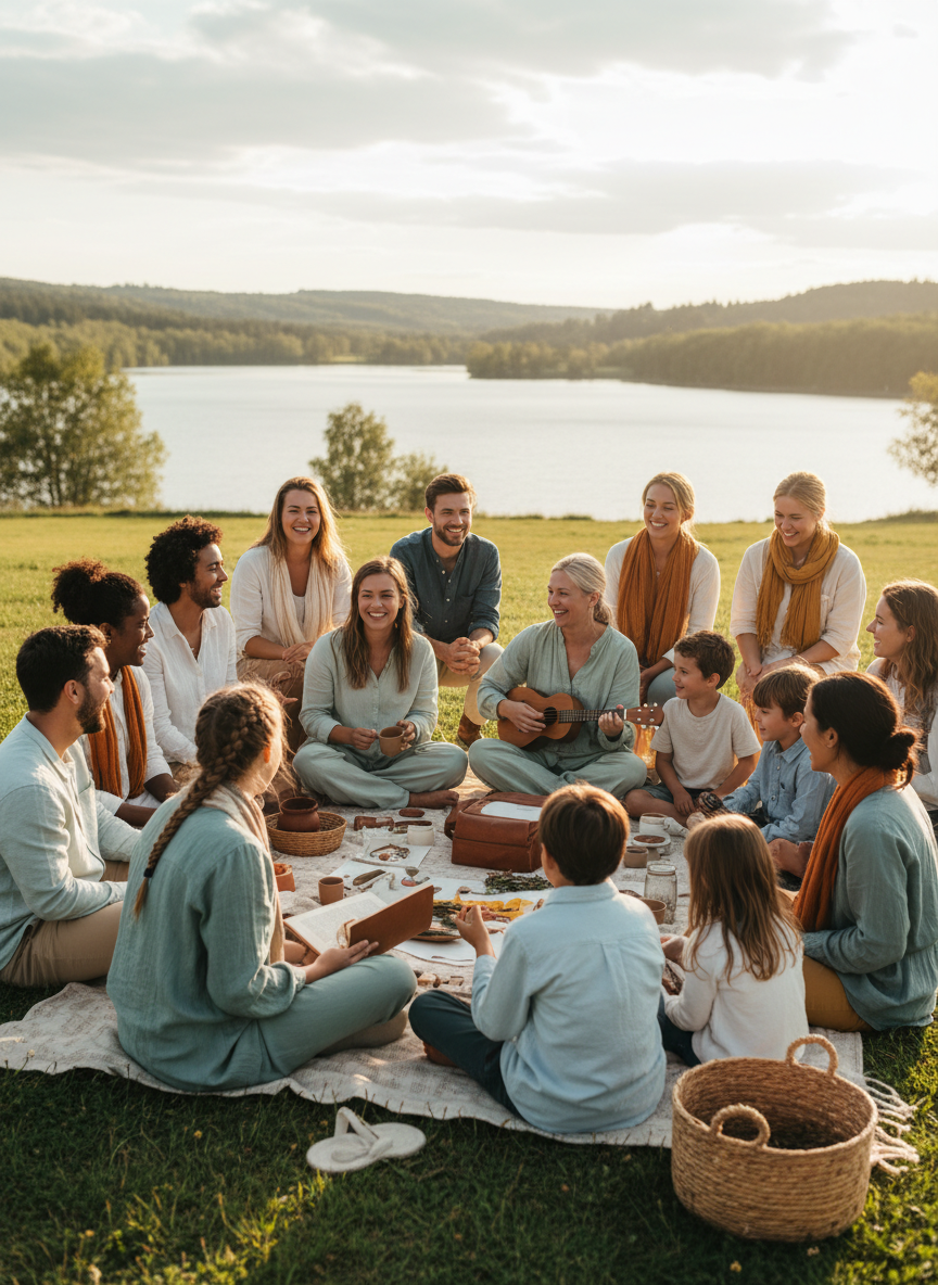 A diverse community of varied ages connecting and collaborating outdoors in natural light