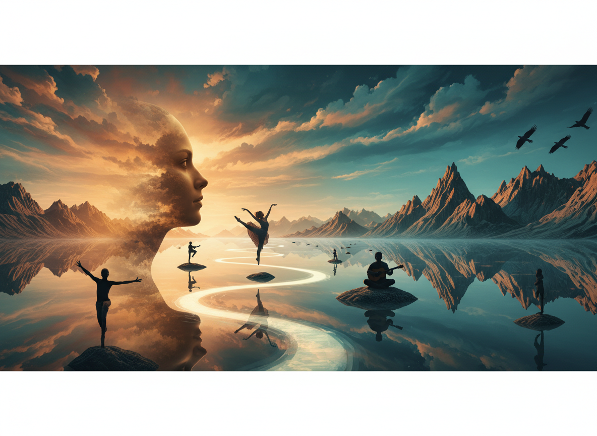 Cinematic panoramic hero image in the style of a surreal digital art composite: a serene human face in profile on the left side blending into a dreamlike landscape with mountains, a reflective lake, and a winding path. Multiple figures in silhouette doing expressive activities — a dancer leaping, a person meditating, a musician playing guitar. Colorful atmospheric clouds of orange, teal and blue. Birds in flight on the right edge. Warm golden and cool teal color palette. Photorealistic compositing, epic and inspiring mood.