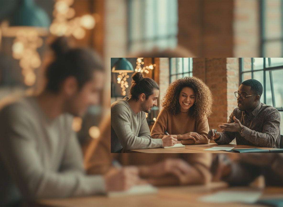 Diverse individuals gathered in a bright airy studio, engaged in mindful and creative activity together