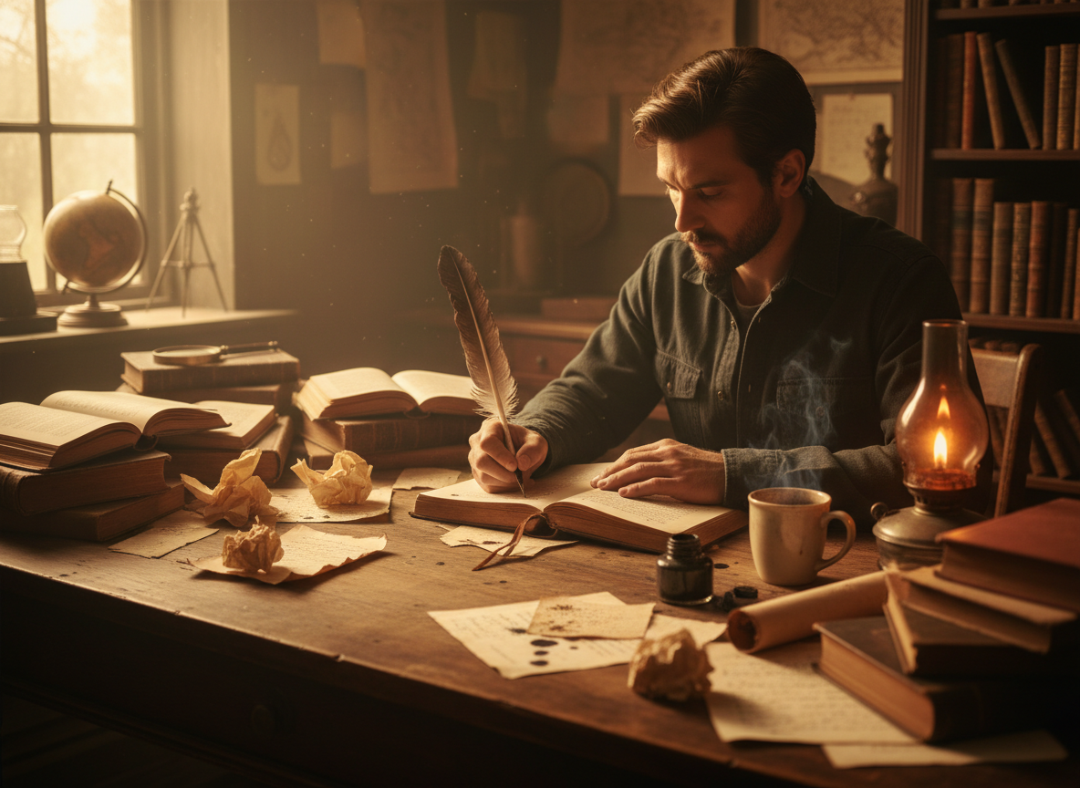 A person writing in a journal or notebook at a warm, softly lit desk, surrounded by handwritten notes, open books, and perhaps a quill or pen. The scene evokes storytelling, narrative, and personal writing — intimate, creative, and reflective. Warm tones, natural light, cinematic and editorial feel.