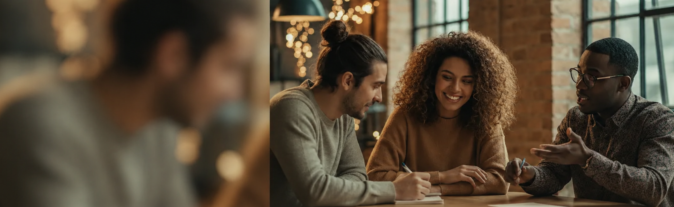 Three diverse people sitting at a table having a warm conversation, with bokeh lights in the background