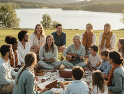 Comunidad - grupo diverso reunido al aire libre junto a un lago